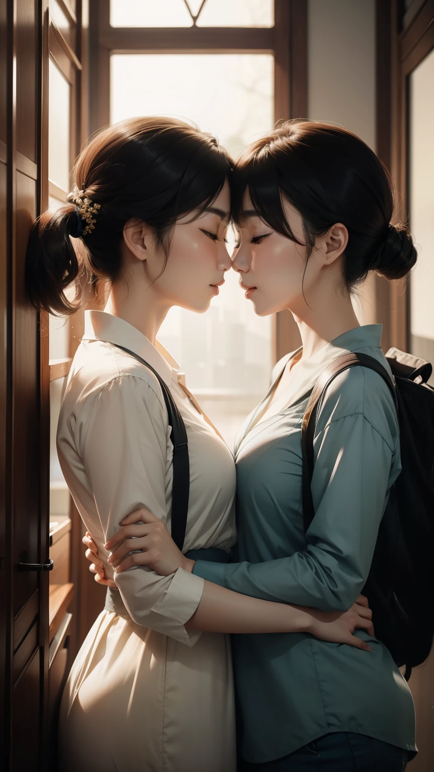 Two korean woman embrace each other, kissing, look each other, look away