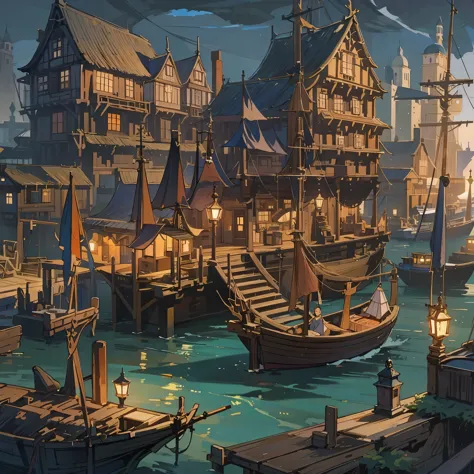 a port(European medieval ports，pier)，There is a dock，There are boats，There is a big ship，There are many sailors and cargo，The se...