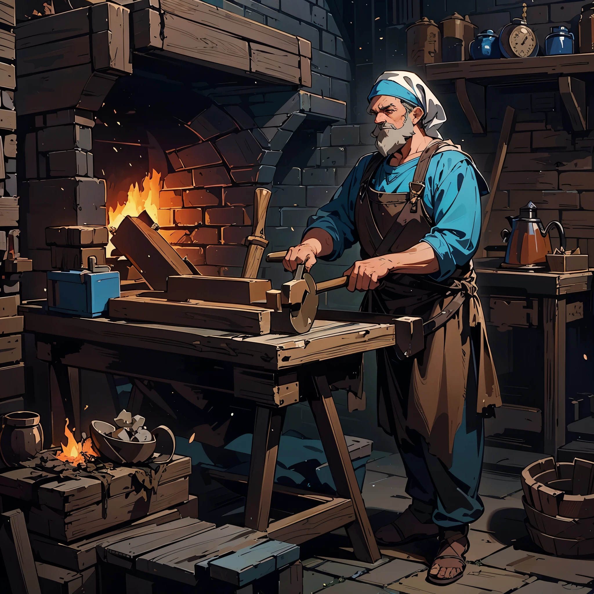 A middle-aged man(Medieval European Blacksmith，artisan，a carpenter，engineer)，wearing a headscarf，Wearing brown blue cloth，Armed with a hammer，Beating the iron block，There is a forging furnace nearby。Medium shot composition，full body pictures，Characters and scenes，game concept art style，Anime illustration style，Marker style，HD，4K。