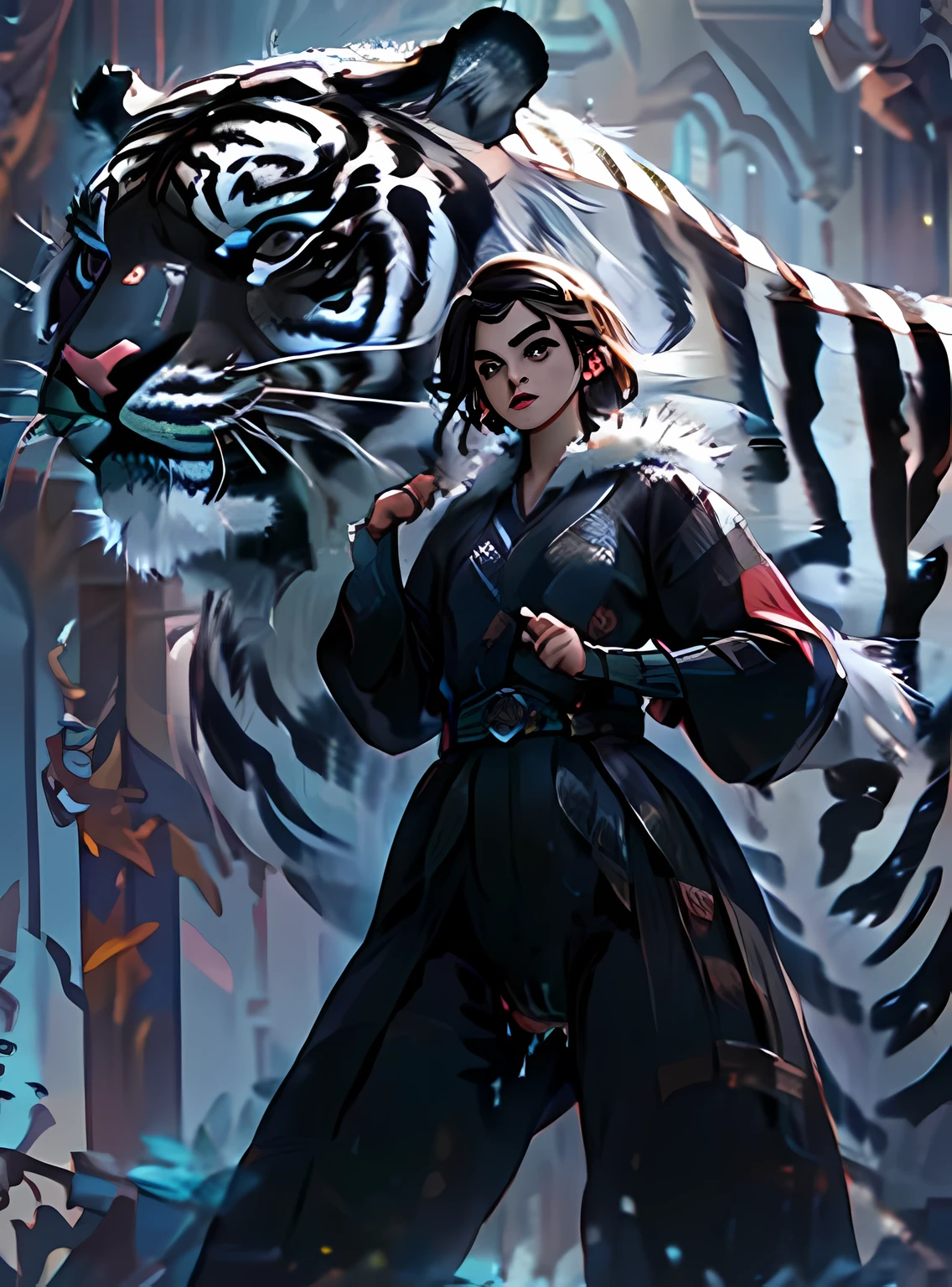 1 tiger and 1 beautiful girl, ((huge black tiger:1.97)), ((Thin red and white tiger stripes:1.9), ((The tiger&#39;s fur is black:1.99), near future, (The tiger&#39;s body is well-trained and full of wildness.:1.97), tiger howling, (A ferocious tiger roars:1.9), Emma Watson stands next to a tiger, Emma Watson masturbates in tights, Emma Watson puts her finger in her vagina, emma watson sucks dick