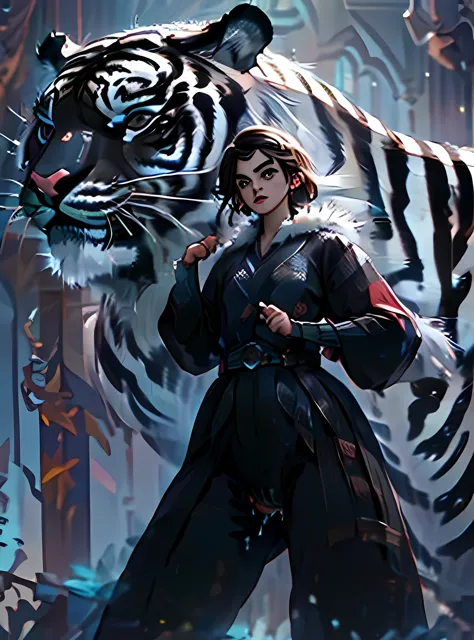 1 tiger and 1 beautiful girl, ((huge black tiger:1.97)), ((Thin red and white tiger stripes:1.9), ((The tiger&#39;s fur is black...