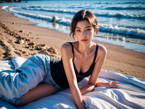 Realistic Photography, Beautiful Young Female ,Short hair ,beach