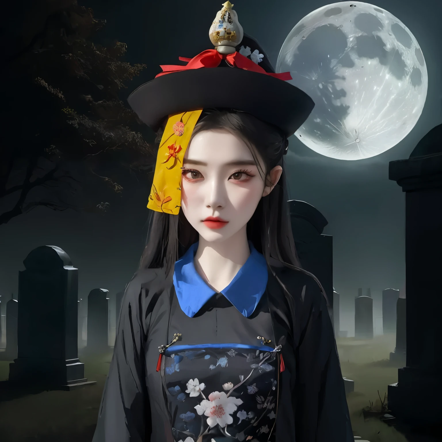 there is a woman in a black hat with a red ribbon, lunar themed attire, hanfu, goddess of death in a graveyard, palace ， a girl in hanfu, classical witch, chinese costume, inspired by Xie Huan, eerie art style, inspired by Qiu Ying, guweiz, chinese woman, artwork in the style of guweiz, chinese girl