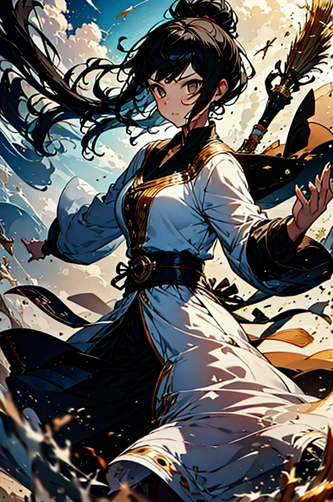 brown eyes,(masterpiece, highest quality:1.2),black hair,Short hair in a bun,1girl,girl in white jacket with stick,brown eyes,warrior,A dynamic pose