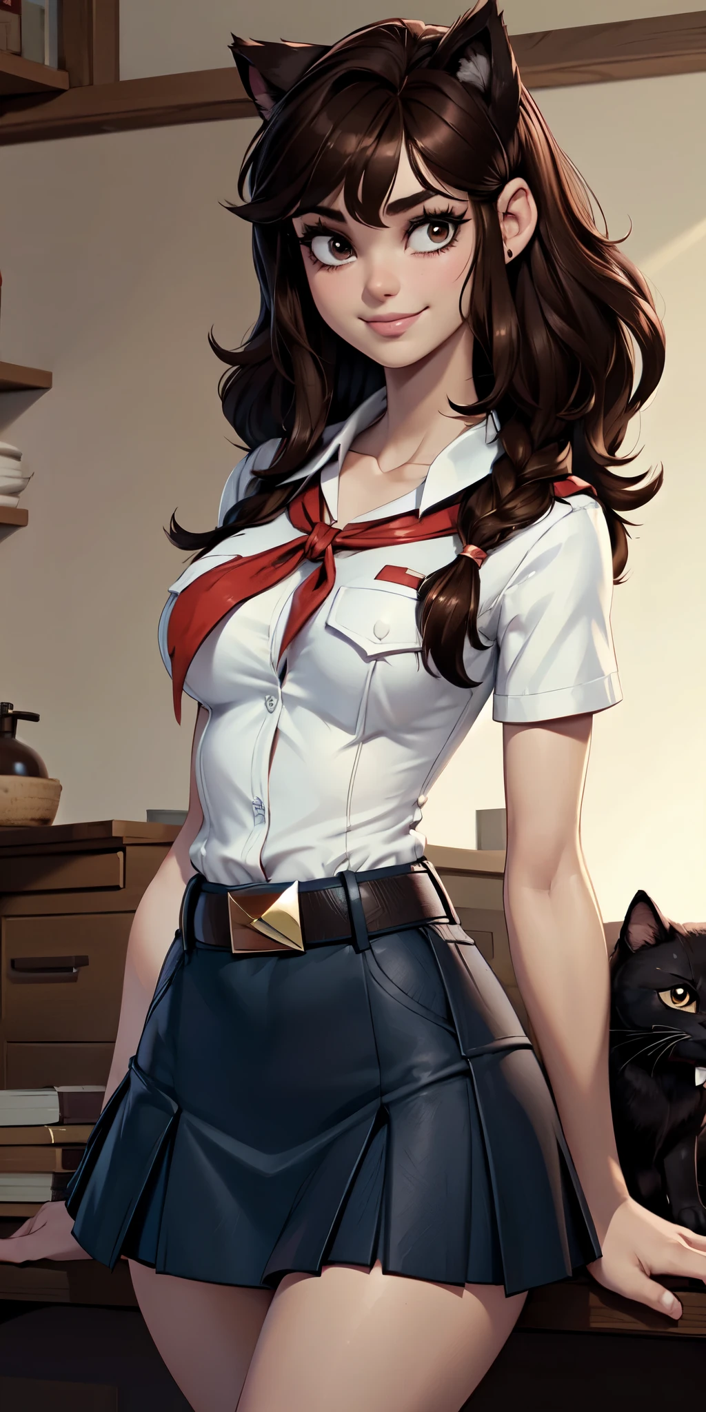 (young girl:1.4), very young slim fit girl, at full height, rounded face, snub nose, (very long disheveled dark brown hair:1.4), big brown eyes, shy smile, (perfect flat breast:1.3), band on head with fake cat ears, parororo, pioneer neckerchief, blue thight microskirt, bangs, shirt, collarbone, white shirt, short sleeves, collared shirt, belt, neckerchief, eyelashes, red neckerchief, breast pocket, narrow shoulders and hips, slim waist, 3dmm