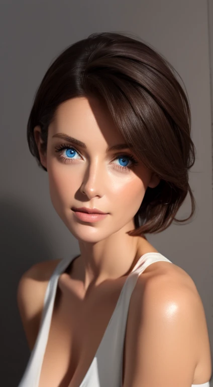 Skin Tight Top:1.2, Looking at Viewer, Cinematic lighting, Perfect, softlight, High resolution skin:1.2, Realistic skin texture, 30 years old mature woman、a small face、no-makeup、, off shoulders,Bust B Cup、 Exposed cleavage,Blue eyes, Short hair, dark brown  hair、fullnude、Gray background、