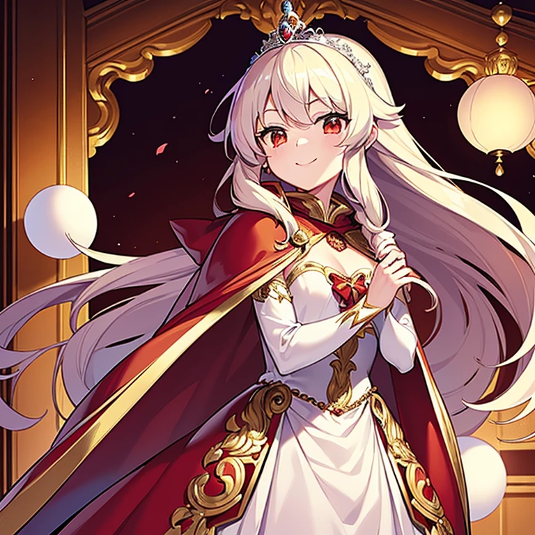 (best quality),(ultra detailed), upper body, beautiful anime art style, rococo style,(long train red cape), very long cape,(long train white ball gown with flower decorations), a girl is wearing a cape over her ball gown, 1 little princess, tiara, small breasts, smile, very long hair