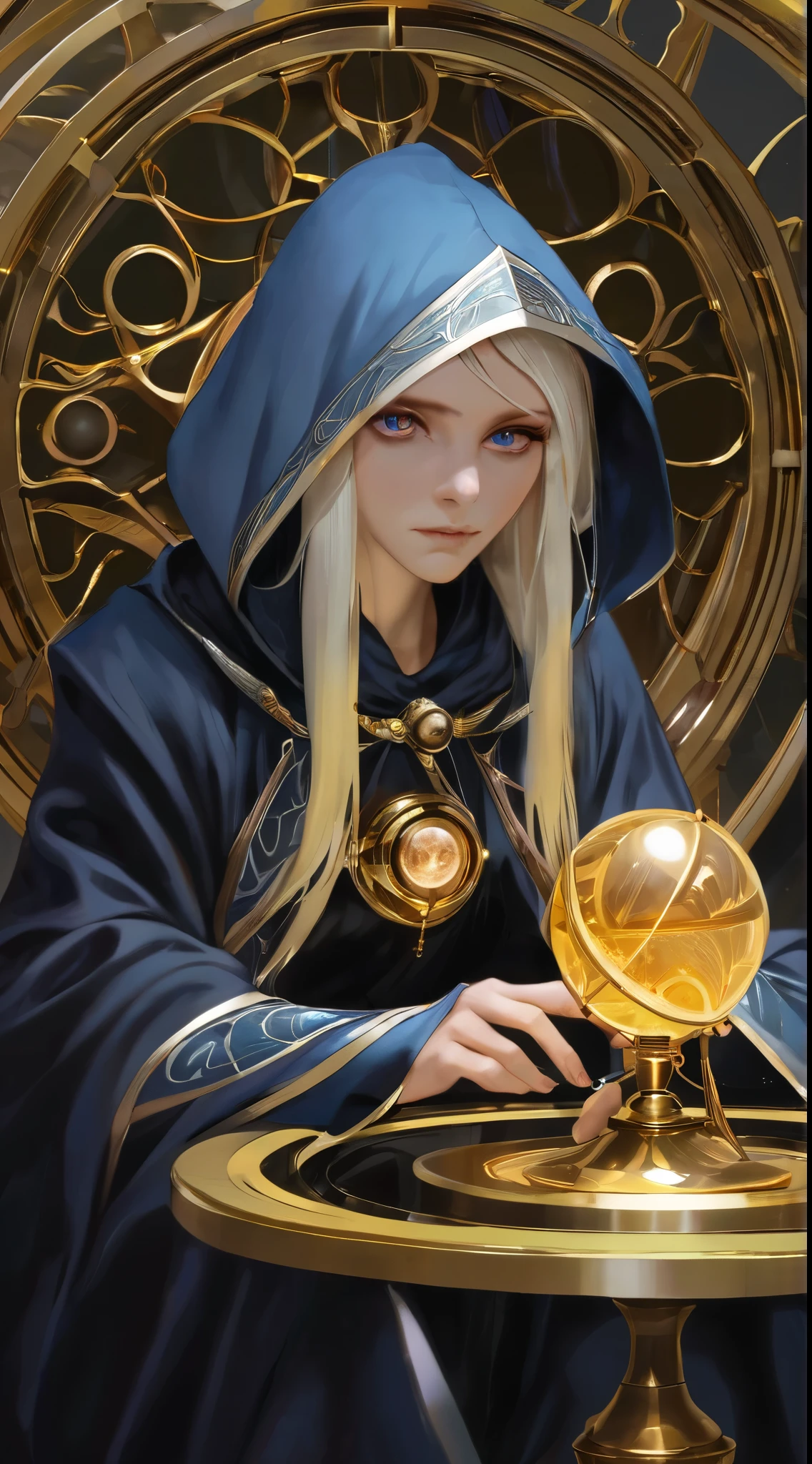 masterpiece, best quality, 1girl, elf, platinum blonde hair, black robe, hooded robe, sitting across table, orrery, mystic, gold trim, looking at viewer, glowing eyes