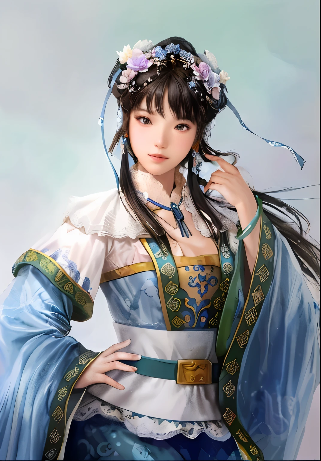 Wearing a blue and white dress、woman wearing flower crown, beautiful figure painting, palace ， A girl wearing Hanfu, yun ling, beautiful fantasy queen, Inspired by Lan Ying, Inspired by Li Tang, inspired by trees, chinese princess, Inspired by Qiu Ying, full body xianxia, inspired by Wu Zuoren