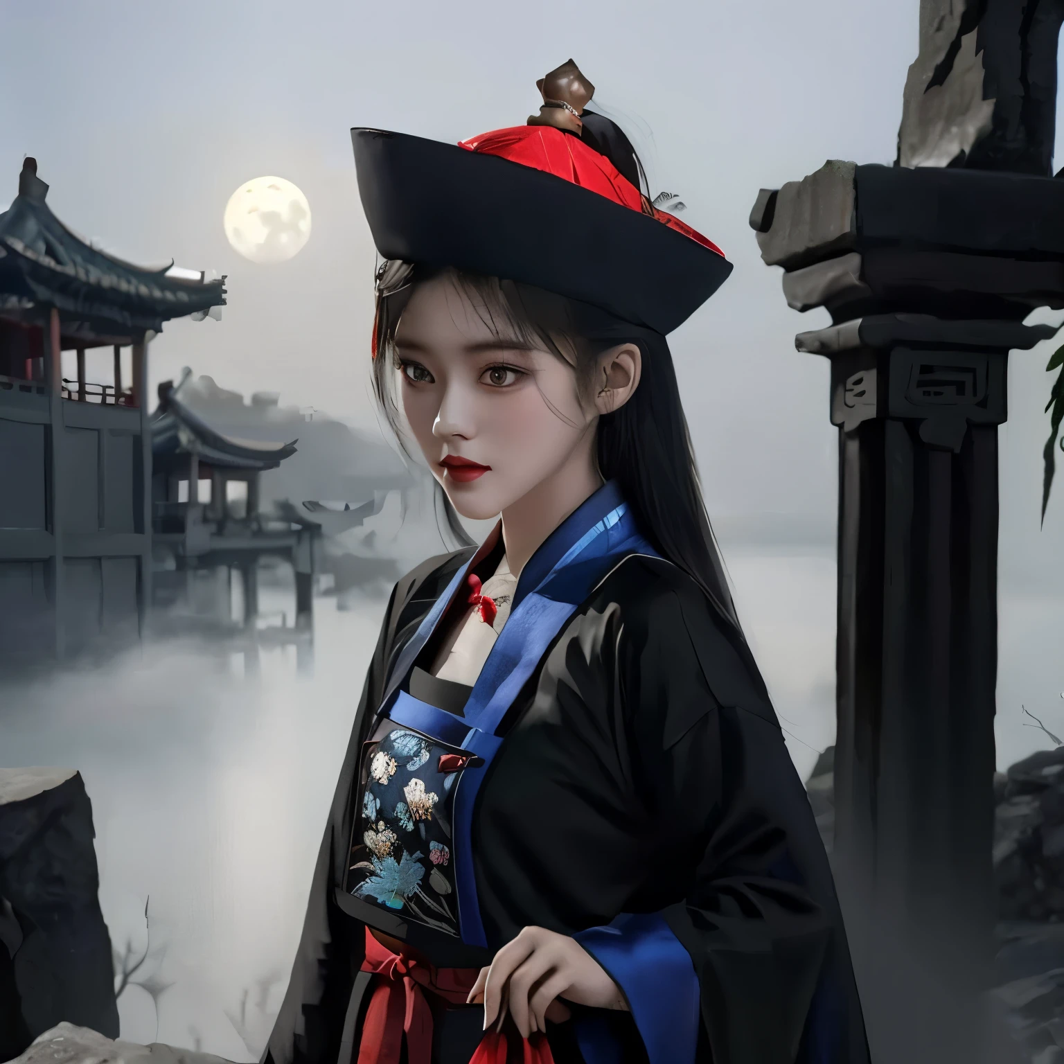 there is a woman in a black hat and red dress, palace ， a girl in hanfu, hanfu, chinese costume, wearing ancient chinese clothes, white hanfu, with acient chinese clothes, traditional chinese clothing, chinese girl, chinese style, lunar themed attire, chinese woman, traditional beauty, a beautiful fantasy empress, beautiful character painting, ancient china art style