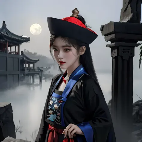 there is a woman in a black hat and red dress, palace ， a girl in hanfu, hanfu, chinese costume, wearing ancient chinese clothes...