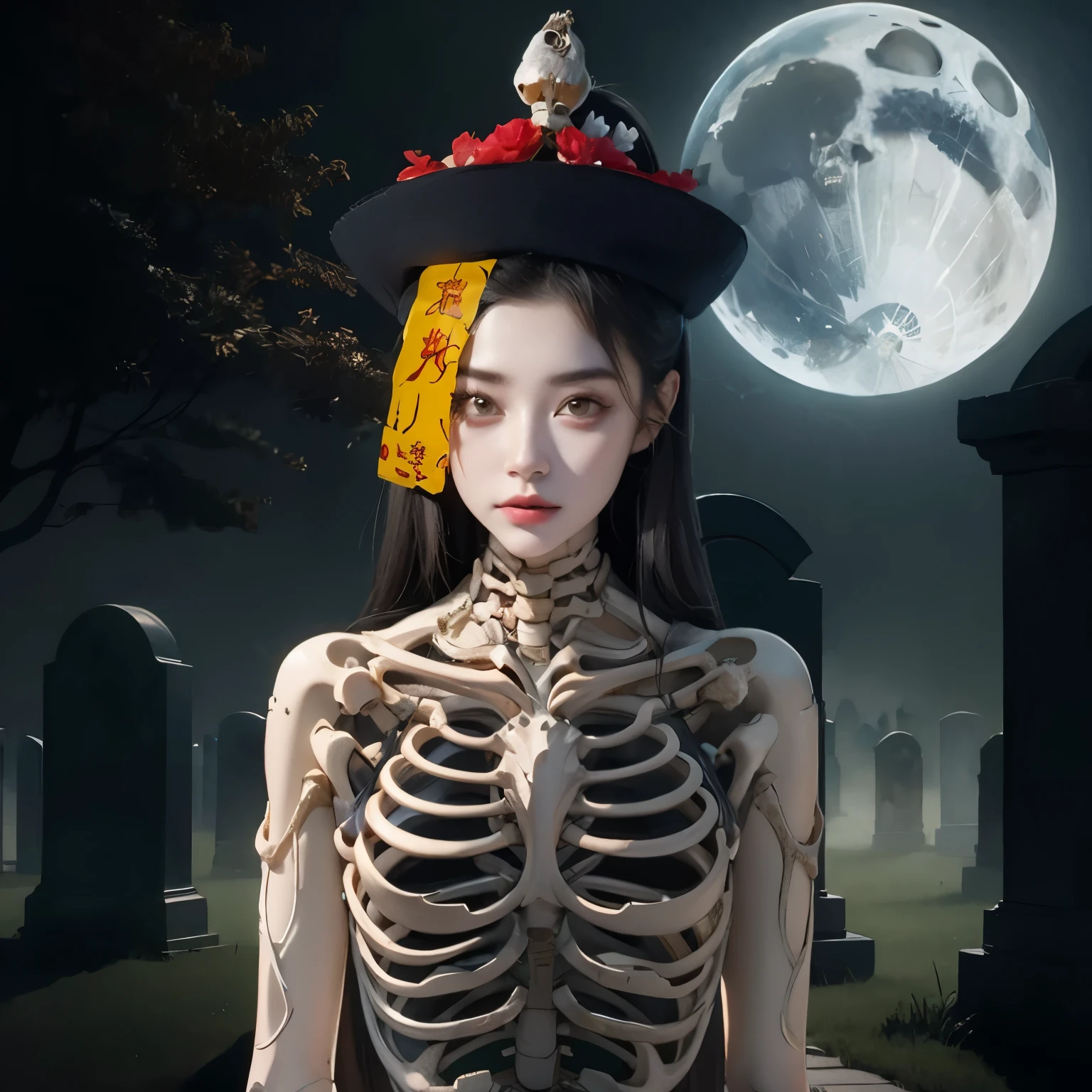 Arafed Frau in einem Skelett Kostüm mit einem Hut auf dem Kopf, Hone Onna Skelett-Geisha, Skelett Mädchen, xue han, Göttin des Todes, Göttin des Todes in a graveyard, inspiriert von Xie Huan, unheimlicher Kunststil, Heilige Skelettkönigin, lulu chen, Halloween-Kunststil, Jingna Zhang, wenfei ye, 2 d cg