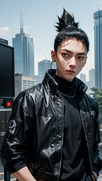 chef-d&#39;œuvre, 1garçon, Style superbe, style cyberpunk, vêtements streetwear, Extérieur, Haut du corps, Shikamaru Nara, yeux pétillants, cheveux noirs, Garçon sympa