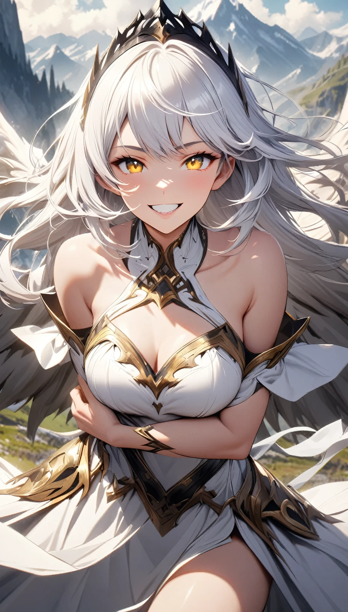 perfect eyes, elegant stance, happy, long white hair, yellow eyes, black tiara, mountain, clouds, epic, close shot, looking at viewer, parted lips, teeth, happy face, smiling, medium breast, white dress, bare shoulders