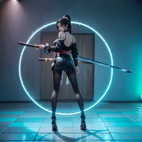 ((A very long samurai sword is across the girl&#39;s waist，Back view of a man standing in a futuristic room with neon lights, lo...