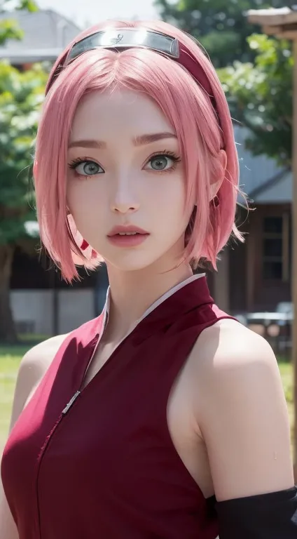 1 girl, anime caracter sakura haruno, kunoichi, perfect body, hiny sweaty skin, detail, hair detail, skin detail, face detail, w...