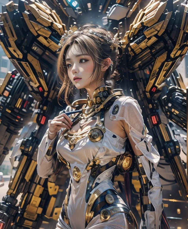 （（master piece，best quality）），figure，Ultra-detailed 8K，clear focus，very detailed，professional lighting，colorful details，girl and mecha，Beautiful woman，Lottalewds large mecha，cramped，light shines，light shines，intricate details，（（A girl stands in front of the audience）），Close-up，Upper body