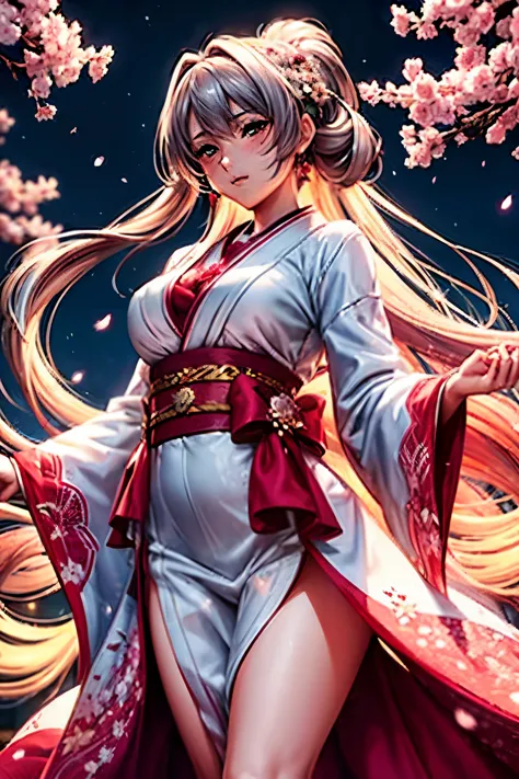 A shrine maiden, clad in a stunning white and red costume, gracefully dances amongst the blooming cherry blossoms under the moon...