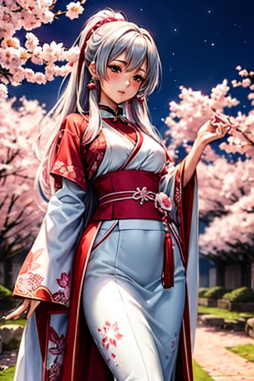 A shrine maiden, clad in a stunning white and red costume, gracefully dances amongst the blooming cherry blossoms under the moonlit night. The intricate details of her attire are beautifully rendered, with each delicate pattern and flowing fabric seamlessly captured in the concept art. The soft glow of the moon casts an ethereal light upon her, highlighting the radiant beauty of her stance and the alluring red blush on her cheeks. The shimmering cherry blossoms frame her figure, their petals forming a mesmerizing backdrop against the velvety dark background. The scene exudes an unparalleled tranquility and elegance, as if transporting the