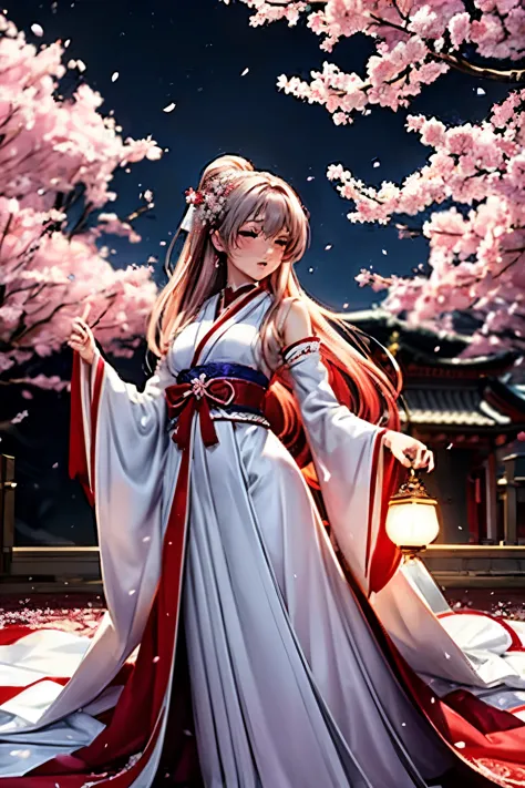 A shrine maiden, clad in a stunning white and red costume, gracefully dances amongst the blooming cherry blossoms under the moon...