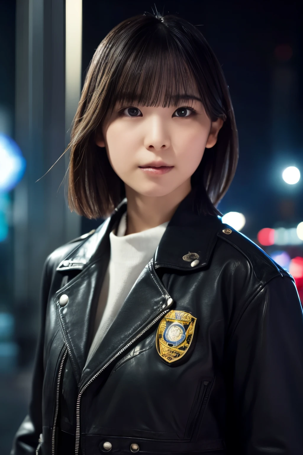 Portrait of a beautiful female model, Sakurazaka46, beautiful face, short dark brown hair, cyberpunk city at night, she is wearing a leather jacket, black jeans, dramatic lighting, (police badge:1.2)