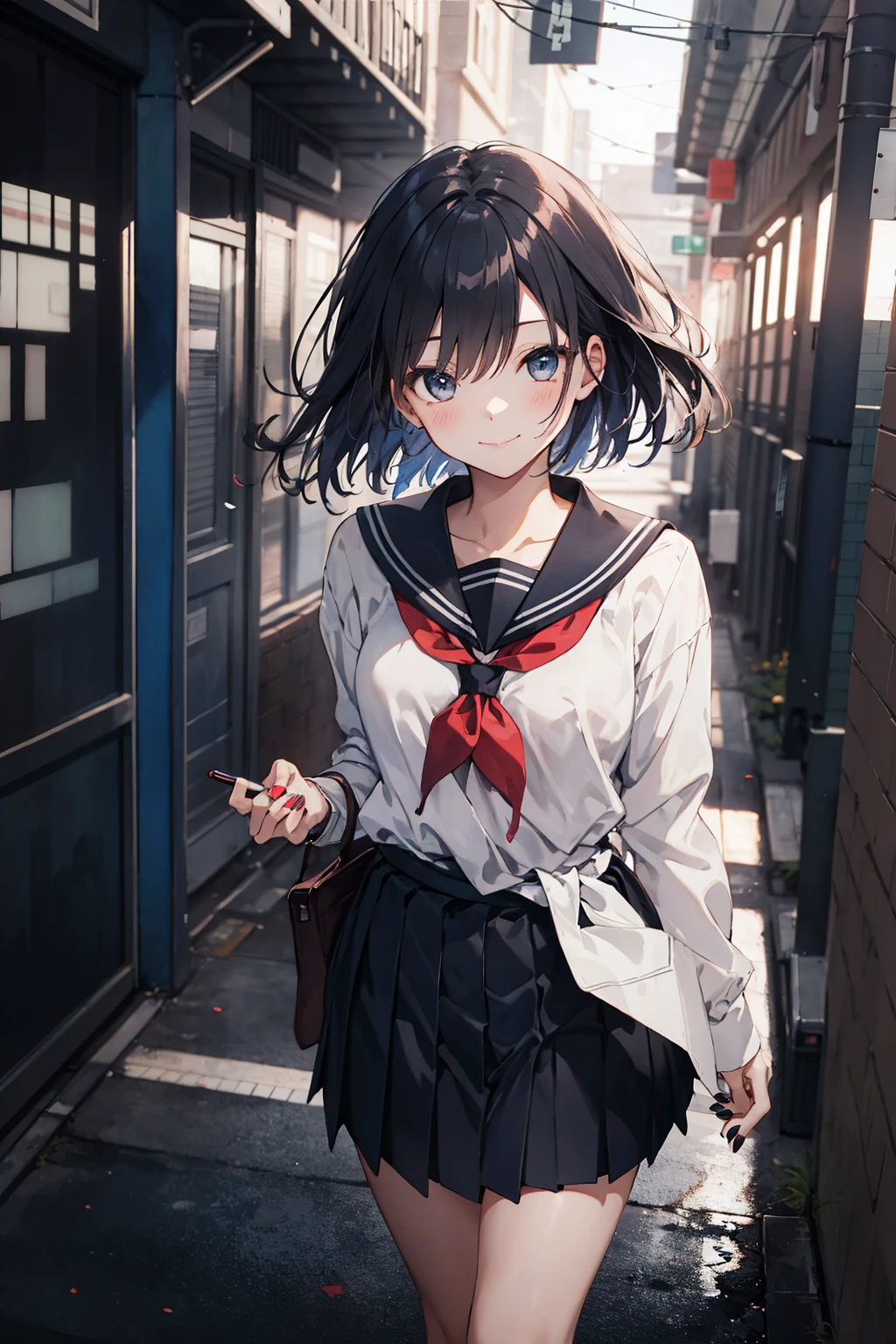 cinematic feeling，anime，masterpiece，best quality，Top animation quality，high resolution，solo，(above the waist)，a girl，extremely detailed hair and eyes，light smile，long sleeve sailor suit，pleated skirt，nail polish，sexy poss，very beautiful，School corridor background，depth of field，perspective