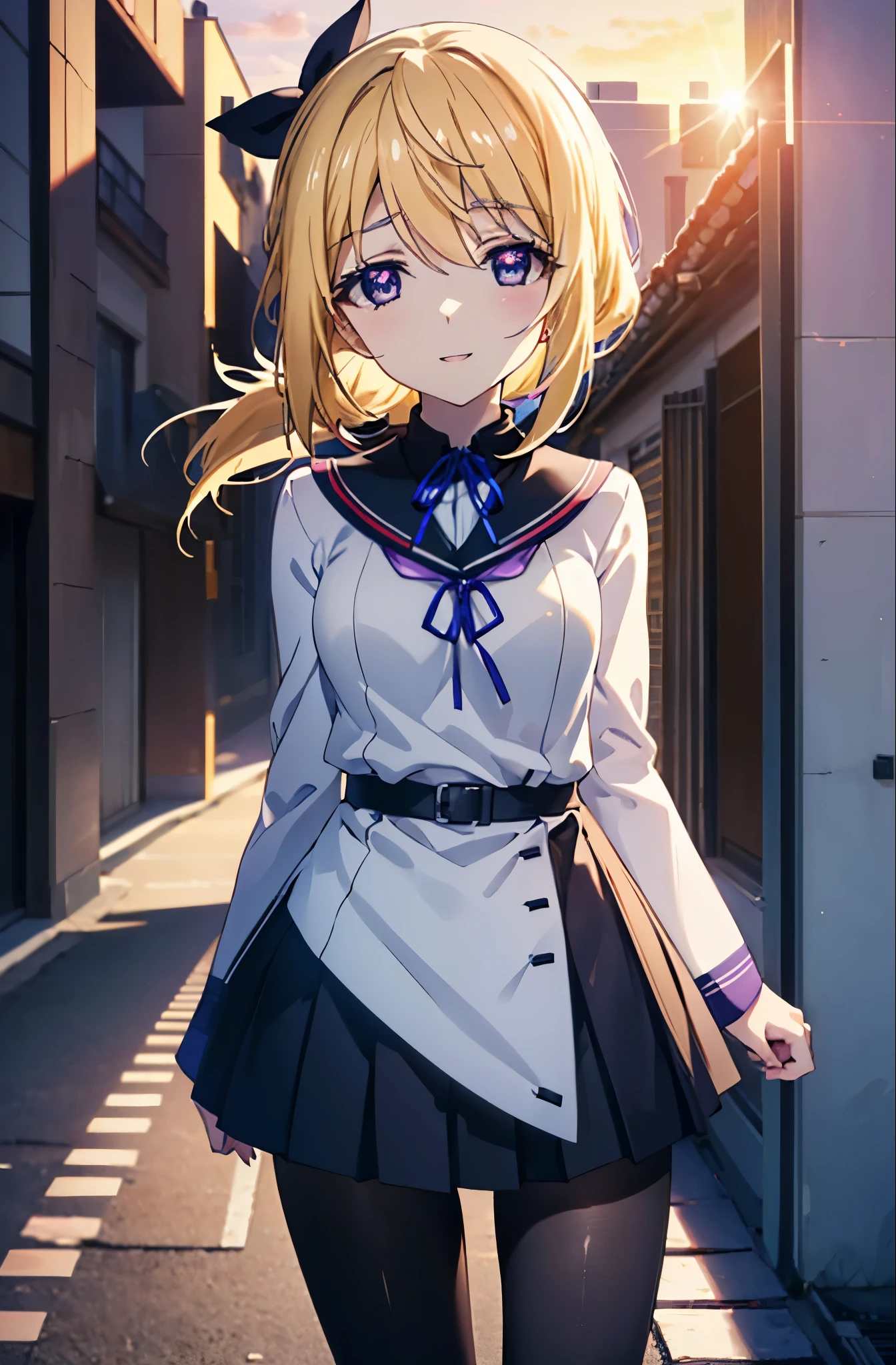 charlotte denois, Charlotte Dunois, long hair, blonde hair, ribbon, (purple eyes:1.1), ponytail,happy smile, smile, open your mouth, break , japanese high school girl uniform(black sailor suit),black pleated skirt,white pantyhose,brown loafers,walk,sunset,evening,the sun goes down, break putdoors, city,building street, break looking at viewer, (cowboy shot:1.5), break (masterpiece:1.2), highest quality, High resolution, unity 8k wallpaper, (shape:0.8), (fine and beautiful eyes:1.6), highly detailed face, perfect lighting, Very detailed CG, (perfect hands, perfect anatomy),