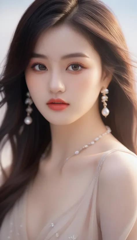 a close up of a woman with long hair wearing a beige dress, with long hair and piercing eyes, realistic. cheng yi, ig model | ar...