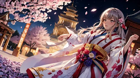 A shrine maiden in a white and red costume dances in the moonlight amidst the {{{blooming cherry blossoms}}} at night. highly de...
