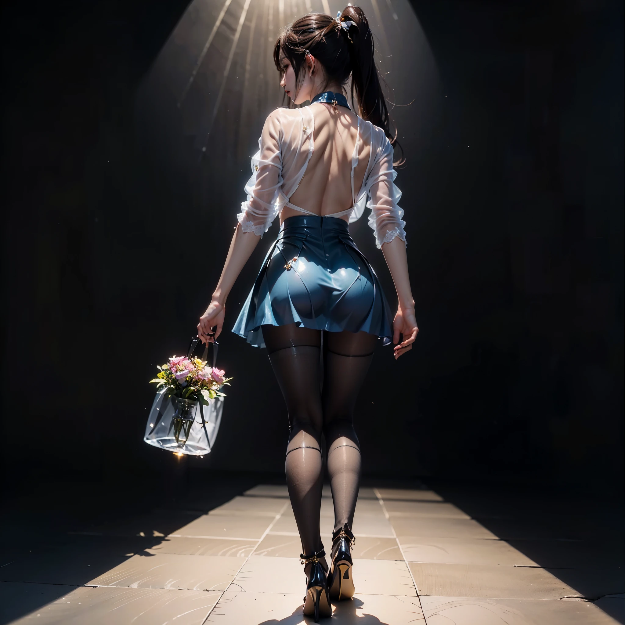 ((Full body image，Dim lighting，一个未来风格的女孩facing away着镜头、long brown hair、With a high ponytail，Blue plastic textured clothes and skirts，pantyhose，dynamic poses，Black background，square floor tiles，ring shaped light，Perspective drawing)), tights，miniskirt，pantyhose，High heel，facing away，Walk，