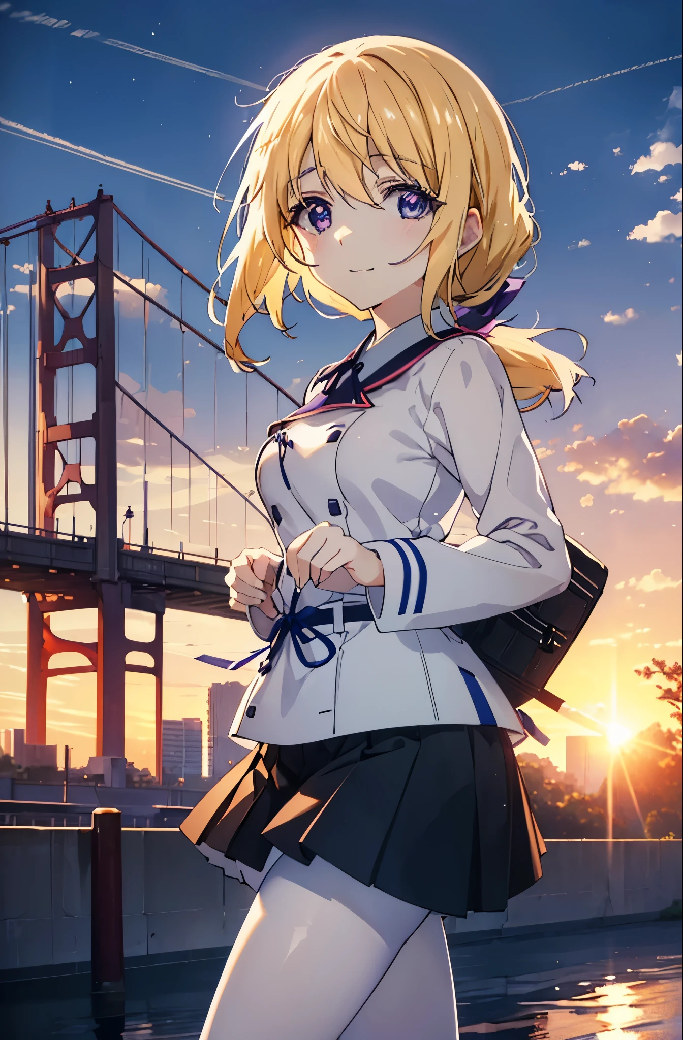 charlotte denois, Charlotte Dunois, long hair, blonde hair, ribbon, (purple eyes:1.1), ponytail,happy smile, smile, open your mouth, break , japanese high school girl uniform(black sailor suit),black pleated skirt,white pantyhose,brown loafers,walk,sunset,evening,the sun goes down, break putdoors, city,building street, break looking at viewer, (cowboy shot:1.5), break (masterpiece:1.2), highest quality, High resolution, unity 8k wallpaper, (shape:0.8), (fine and beautiful eyes:1.6), highly detailed face, perfect lighting, Very detailed CG, (perfect hands, perfect anatomy),