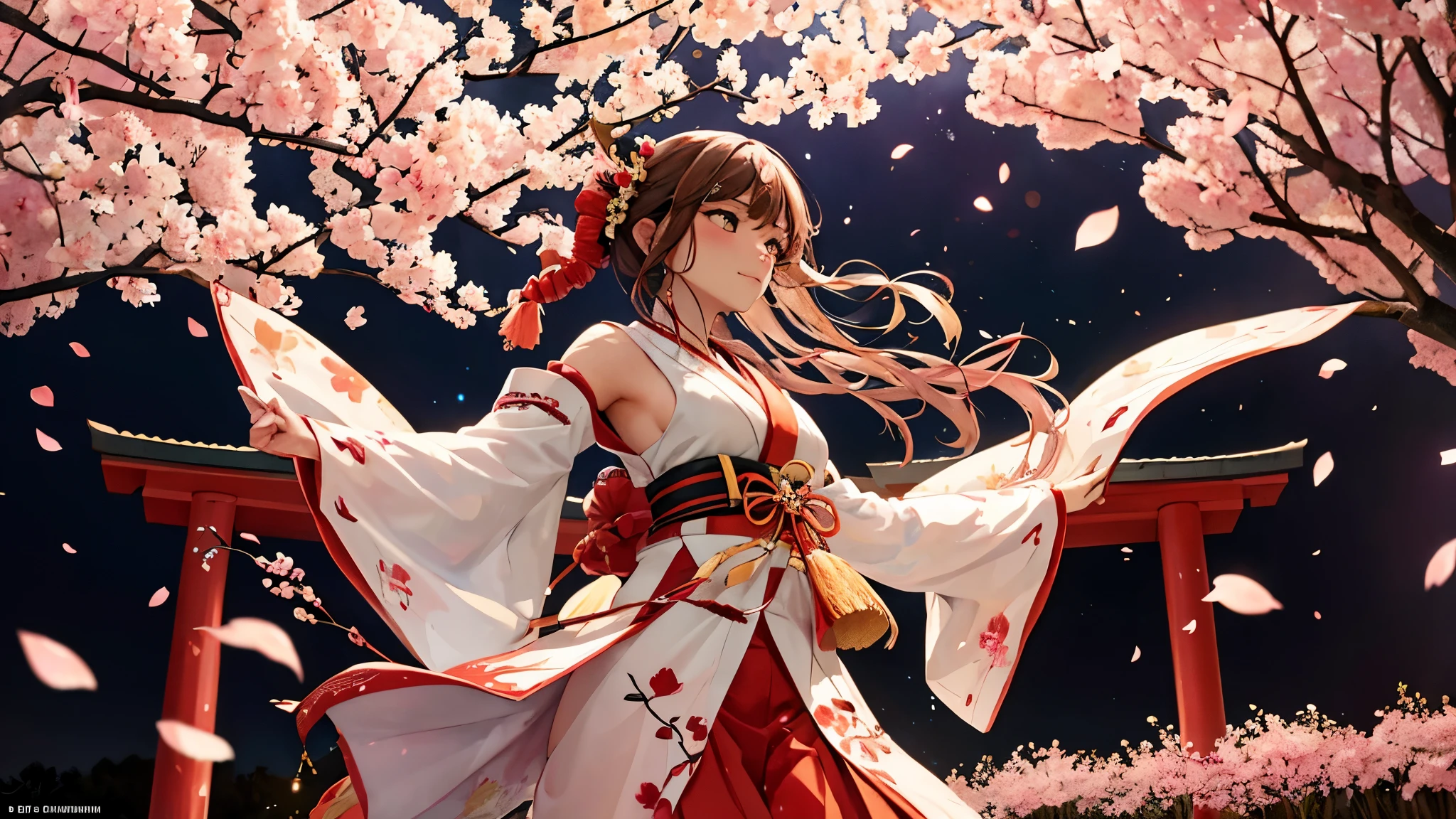 A shrine maiden in a white and red costume dances in the moonlight amidst the {{{blooming cherry blossoms}}} at night. highly detailed. artgerm.