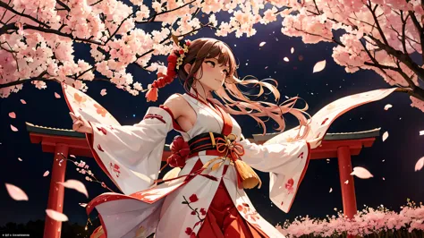 A shrine maiden in a white and red costume dances in the moonlight amidst the {{{blooming cherry blossoms}}} at night. highly de...