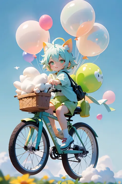 一名5岁男孩riding a bicycle往前冲，riding a bicycle，colorful balloons floating in the sky, carrying a bag，cute cat，wearing green striped ...