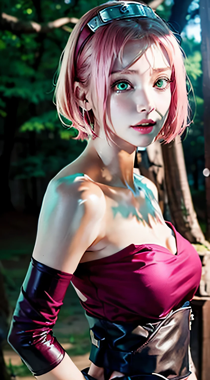 1 girl, anime caracter sakura haruno, kunoichi, perfect body, shiny sweaty skin, detail, hair detail, skin detail, face detail, white skin, realistic