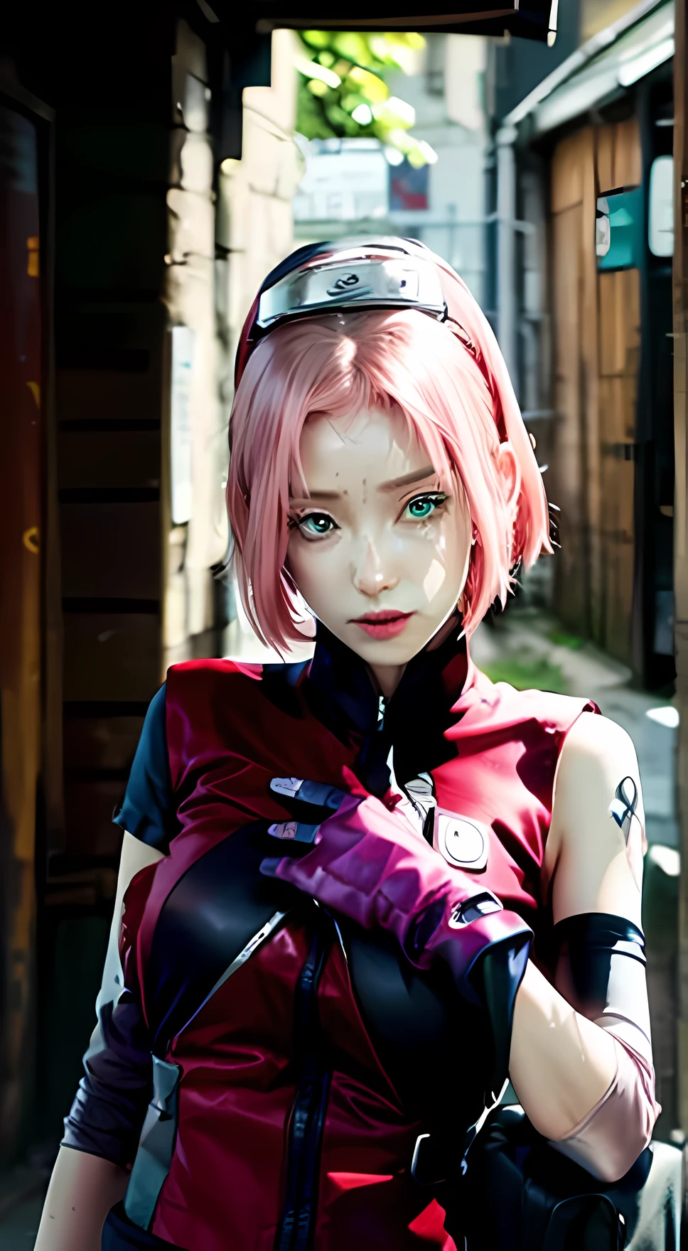 1 garota, anime caracter sakura haruno, KUNOICHI, corpo perfeito, pele brilhante e suada, detalhe, hair detalhe, skin detalhe, face detalhe, Pele branca, realista