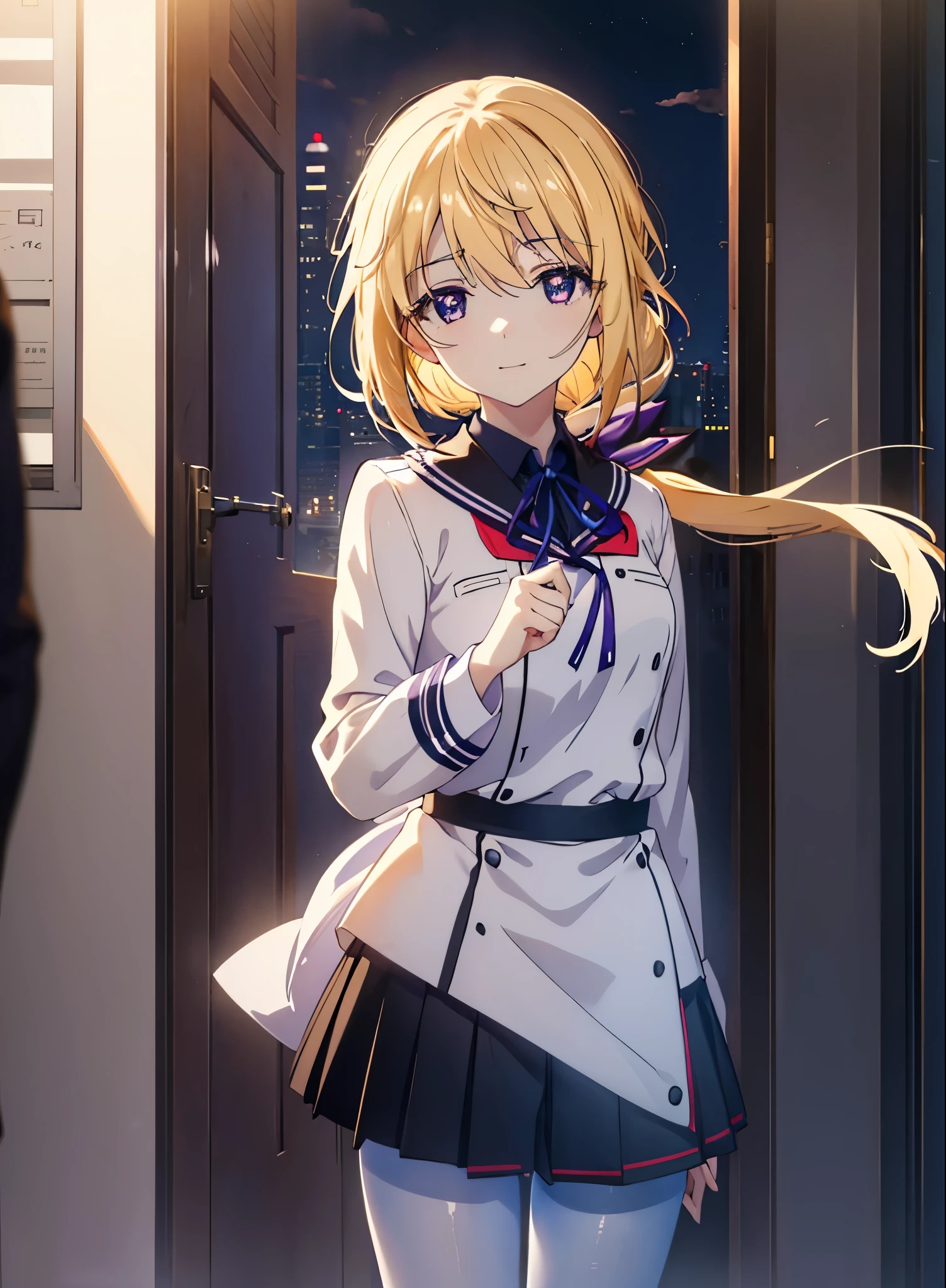 charlotte denois, Charlotte Dunois, long hair, blonde hair, ribbon, (purple eyes:1.1), ponytail,happy smile, smile, open your mouth, break , japanese high school girl uniform(black sailor suit),black pleated skirt,white pantyhose,brown loafers,walk,sunset,evening,the sun goes down,look from top to bottom,break putdoors, city,building street, break looking at viewer, (cowboy shot:1.5), break (masterpiece:1.2), highest quality, High resolution, unity 8k wallpaper, (shape:0.8), (fine and beautiful eyes:1.6), highly detailed face, perfect lighting, Very detailed CG, (perfect hands, perfect anatomy),