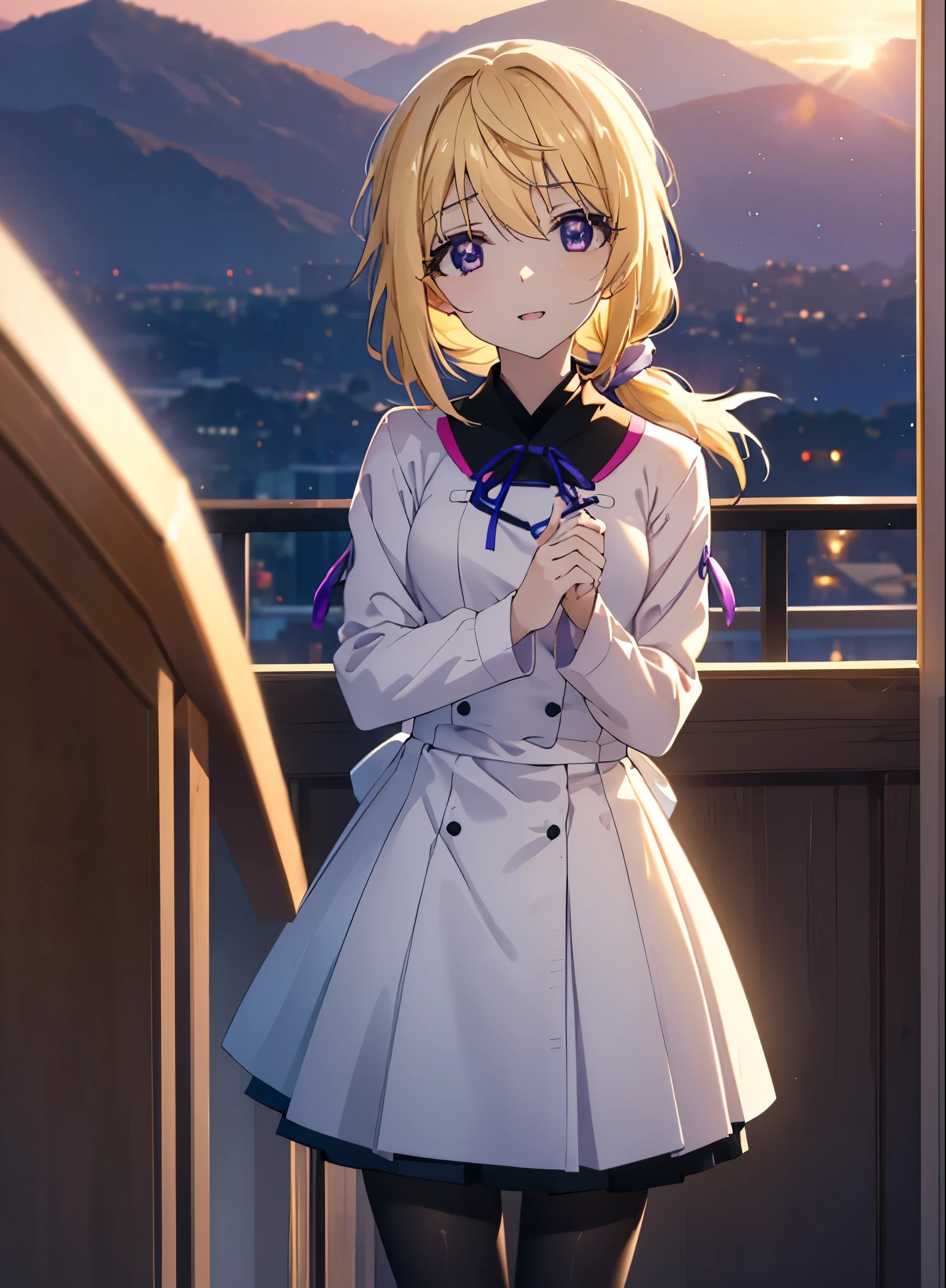 charlotte denois, charlotte dunois, cheveux longs, cheveux blond, ruban, (yeux violets:1.1), queue de cheval,happy sourire, sourire, Ouvrez la bouche, casser , Uniforme de lycéenne japonaise(Costume De Marin Noir),Jupe plissée noire,collants blancs,mocassins marron,marcher,coucher de soleil,soirée,Le soleil se couche,regarde de haut en bas,casser putdoors, Ville,rue du bâtiment, casser looking at viewer, (tir de cow-boy:1.5), casser (chef-d&#39;œuvre:1.2), la plus haute qualité, haute résolution, unité 8k fond d&#39;écran, (forme:0.8), (Des yeux fins et beaux:1.6), Visage très détaillé, éclairage parfait, CG très détaillé, (des mains parfaites, Anatomie parfaite),