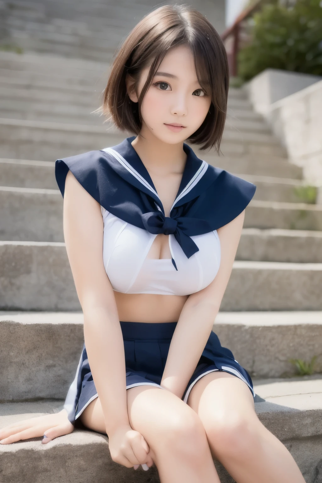 ((highest quality, 8K, masterpiece :1.3)), 1 Innocent Girl:1.3, (short hair, beautiful breasts :1.2), super mini skirt,sailor suit, super detailed face, fine eyes, double eyelid,whole body,cute face,(Sitting on stone steps),realistic face,realistic skin,white panties,smart body,hips are facing forward
