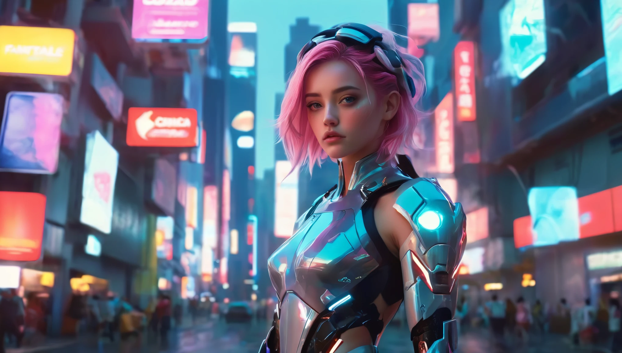 uma mulher bonita，Usando um capacete holográfico translúcido, Estilo Redshift 35mm F2, horário do dia, Cyberpunk Neo Cidade de Tóquio, Neo Hong Kong, fantasma na Concha, cinematográfico lighting, iluminação volumétrica, Criminosos que atrasam, (alto contraste:1.2), Reflexões, 8k, hiper-realista, em foco, detalhe incrível, motor irreal 5, cinematográfico, Renderização de octanas, rastreamento de raios, Paisagem, detailed simon stalenhag Paisagem