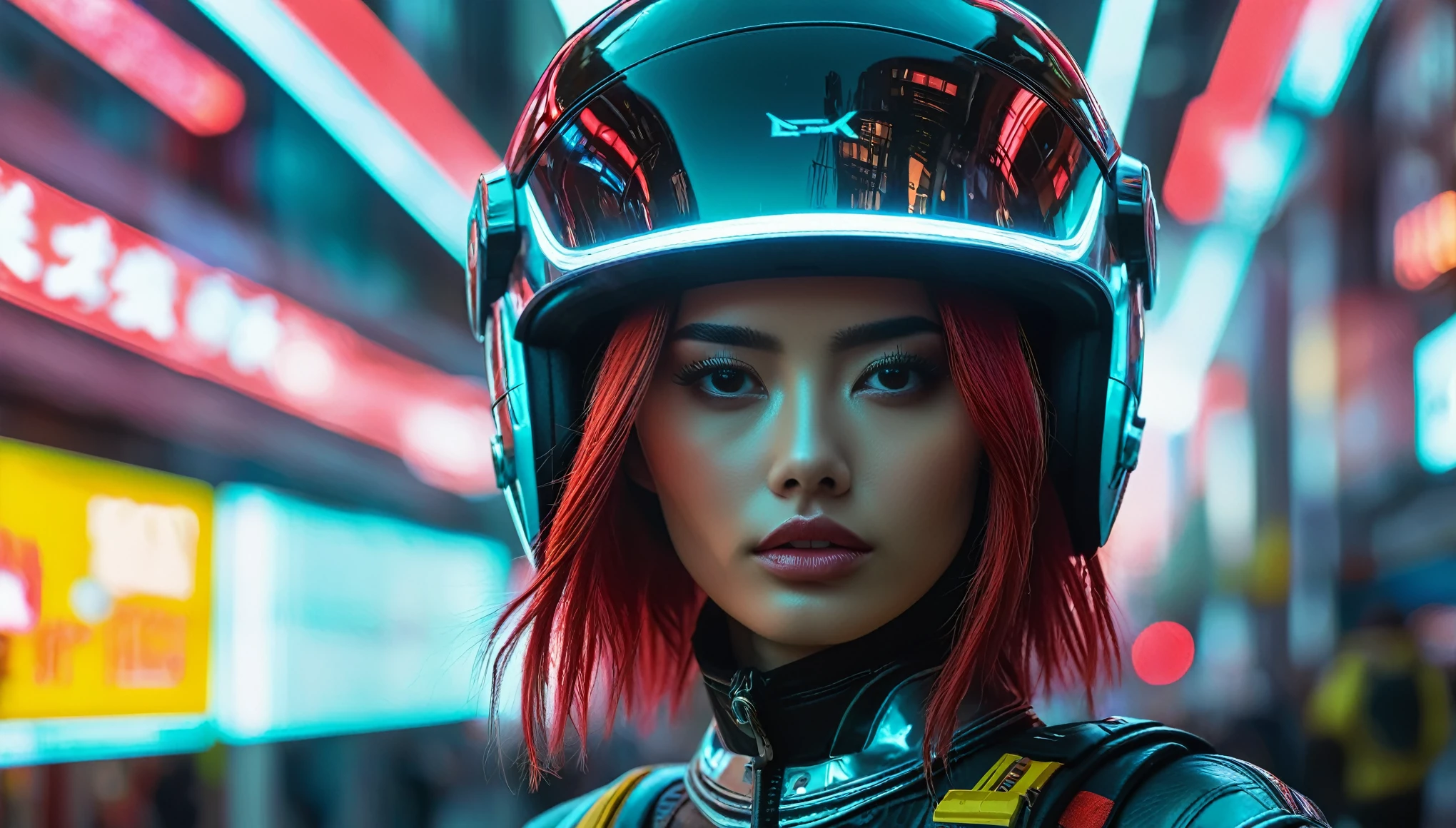 Una mujer hermosa，Wearing a translucent holographic helmet, Estilo de corrimiento al rojo 35 mm F2, day time, Ciudad Cyberpunk Neo Tokio, Neo Hong Kong, fantasma en la concha, cinematographic lighting, volumetric lighting, Criminales que se demoran, (alto contraste:1.2), reflexiones, 8K, Hyper realistic, enfocado, incredible detail, Motor irreal 5, cinematographic, renderizado de octanaje, trazado de rayos, paisaje, detailed simon stalenhag paisaje