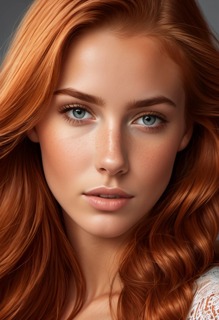 Image super realistic, high quality uhd 8K, d&#39;une fille de 20 ans, Detailed and realistic, roux, cheveux longs roux, high Detailed and realistic skin, (((portrait de visage et d&#39;shoulder))), de vraies couleurs vives, debout, cheveux long