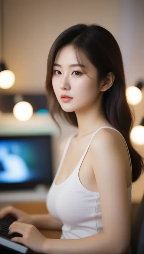 close-up, side shot of beautiful korean female, 34 inch breasts size, wearing tank top, sittung and playing computer game, in ro...