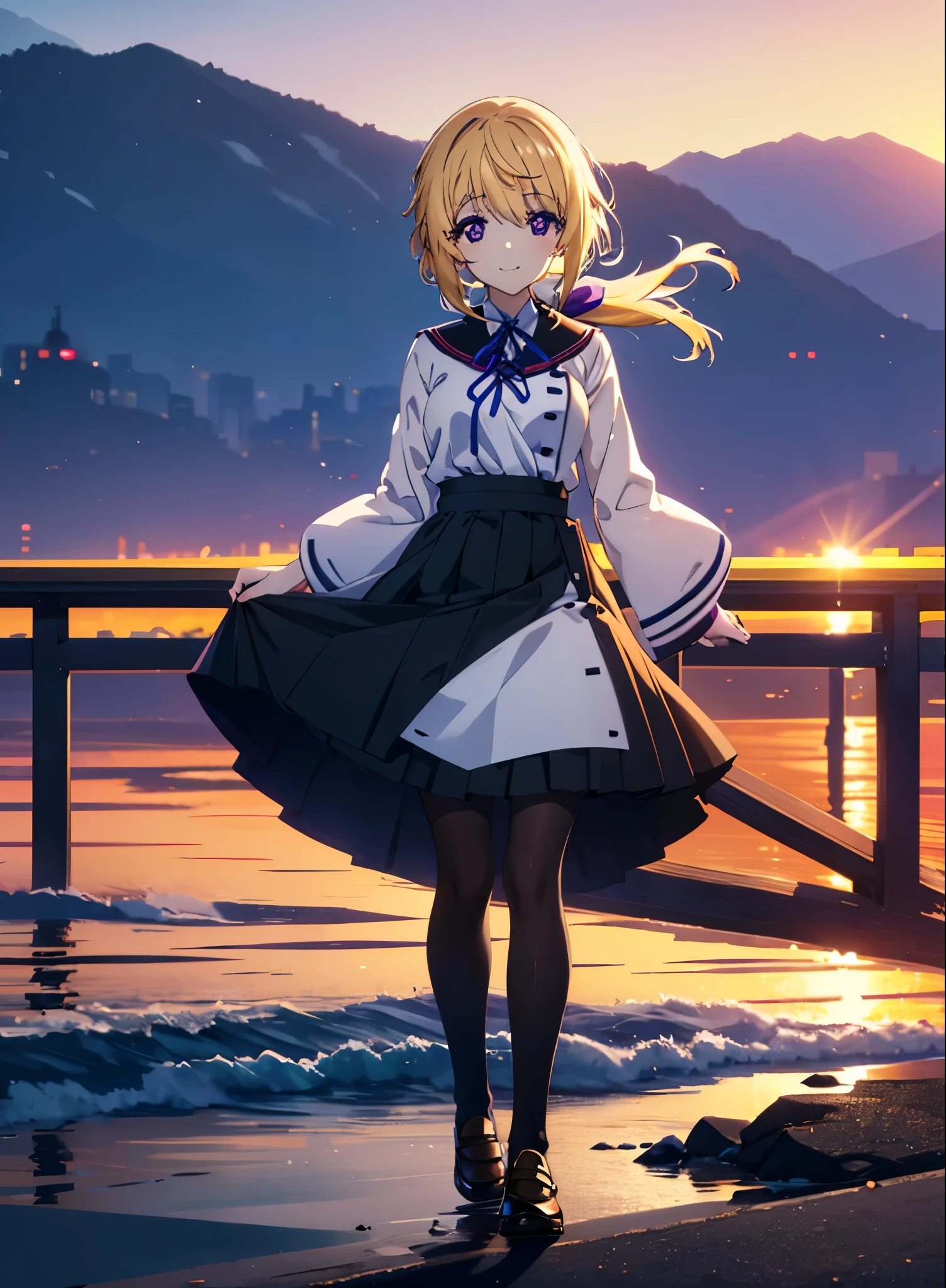 Charlotte Denois, Charlotte Dunois, lange Haare, Blondes Haar, Schleife, (lila Augen:1.1), Pferdeschwanz,happy lächeln, lächeln, Öffne deinen Mund, brechen , Japanische Highschool-Mädchenuniform(Schwarzer Matrosenanzug),schwarzer Faltenrock,weiße Strumpfhosen,braune Slipper,gehen,Sonnenuntergang,Abend,Die Sonne geht unter,von oben nach unten schauen,brechen outdoors, Stadt,Gebäude Straße, brechen looking at viewer, Oberkörper,brechen (Meisterwerk:1.2), höchste Qualität, Hohe Auflösung, Einheit 8k Hintergrundbild, (Form:0.8), (feine und schöne Augen:1.6), sehr detailliertes Gesicht, Perfekte Beleuchtung, Sehr detaillierte CG, (perfekte Hände, Perfekte Anatomie),