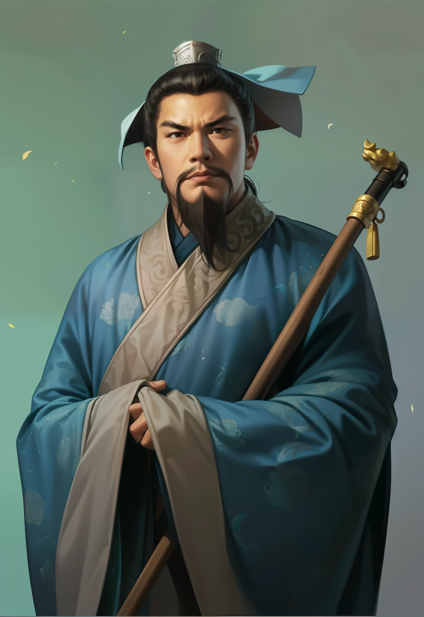 Mit Krücken bewaffnet、Nahaufnahme eines Mannes mit Hut, inspiriert von Wu Daozi, Inspiriert von Cao Zhibai, Inspiriert von Hu Zaobin, inspiriert von Kaiser Xuande, inspiriert von Dong Yuan, inspiriert von Wu Bin, inspiriert von Wu Zuoren, Zhang Daqian, inspiriert von Cheng Zhengkui, taoistischer Priester