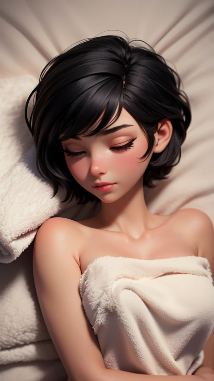 best quality, lifelike, 8k, high resolution, 1 girl, Miss, (professional lighting), (portrait:0.6), (Covered with a towel，Lie flat on your back on the bed), Gorgeous, black hair, (short hair:1.2), (1 girl ), eyes closed，lifelike, (Bokeh),SFW,Calm expression，full-body shot，top view