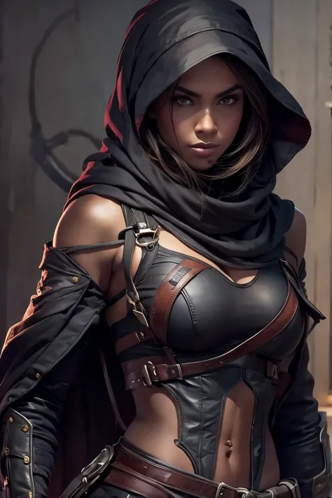 Young sexy female assassin's full body shot, 