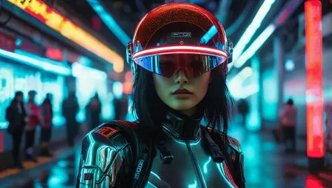 Una mujer hermosa，Wearing a translucent holographic helmet, Estilo de corrimiento al rojo 35 mm F2, day time, Ciudad Cyberpunk N...
