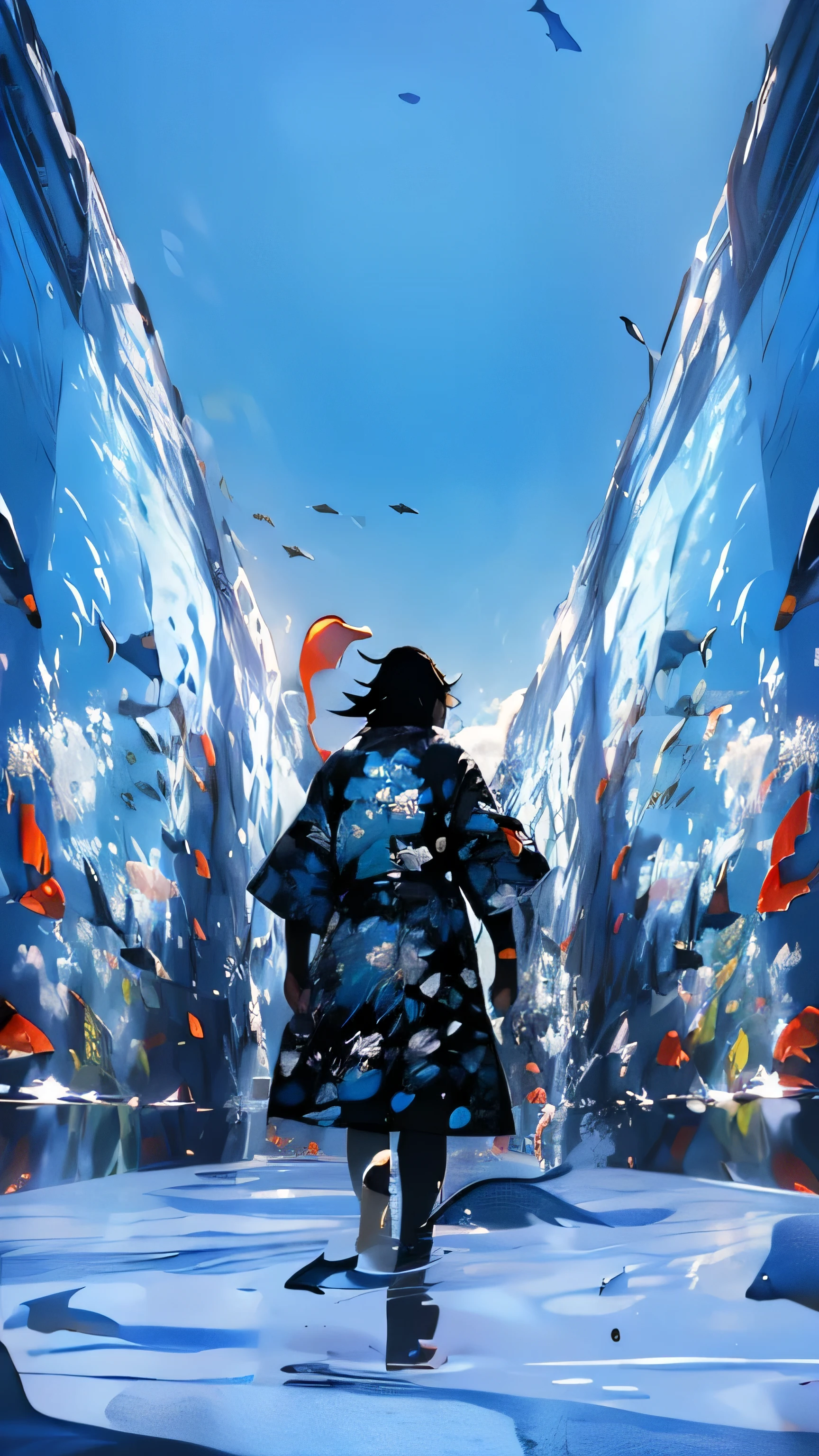 A man walking on land with water standing as walls on both sides, cool, walls on side are made of water with fishes inside, detailed, high quality, 8k