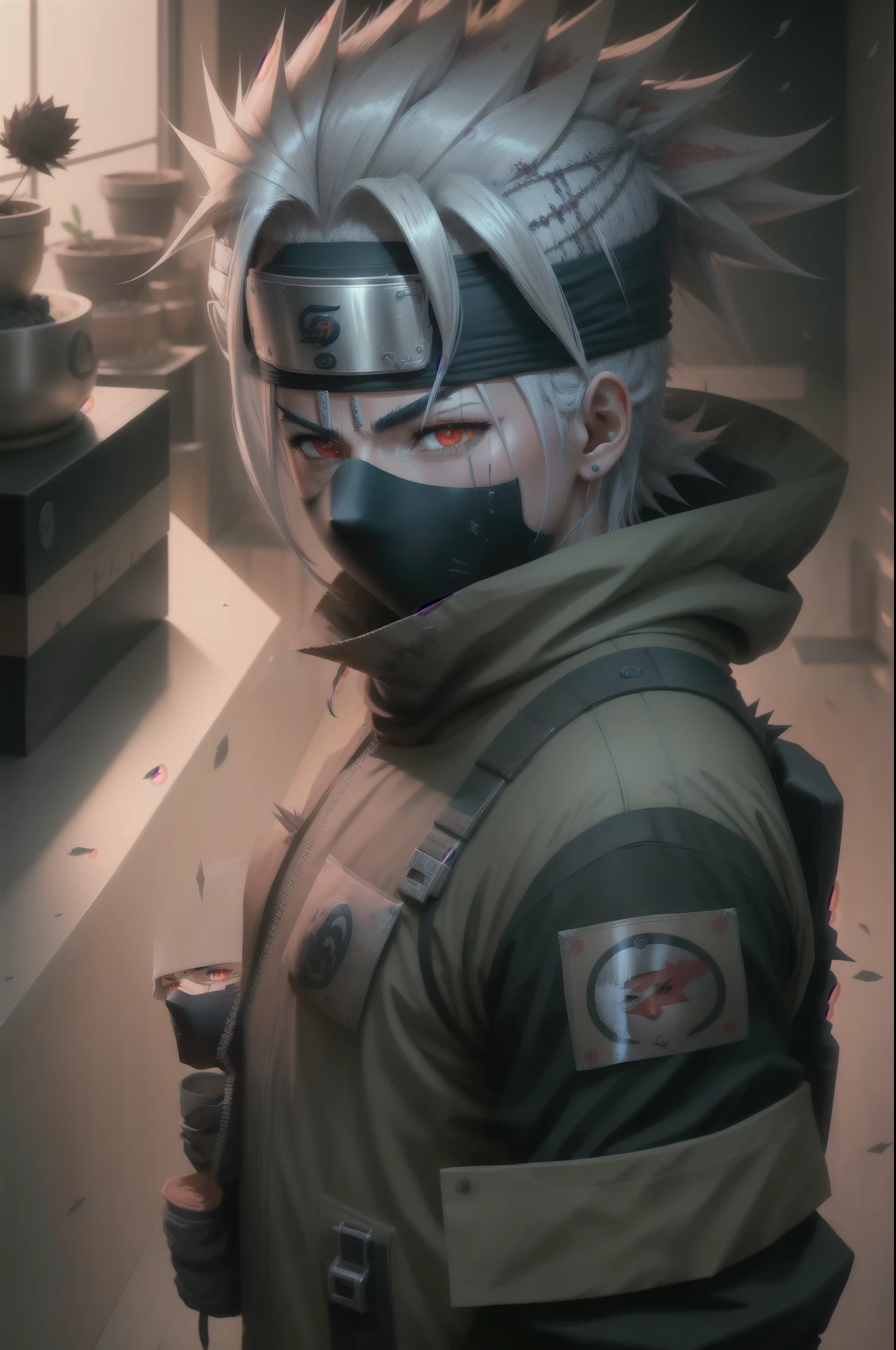 chef-d&#39;artwork, best quality,Kakashi, 1boy, seulement, foyer masculin, ninja, les yeux rouges, cicatrice, protecteur frontal, regarder le spectateur, cicatrice on face, masque, mouth masque, cheveux blancs, arme, haut du corps, cicatrice across eye, debris, spiky hair, symbole de Konohagakure, arme on back, cheveux courts